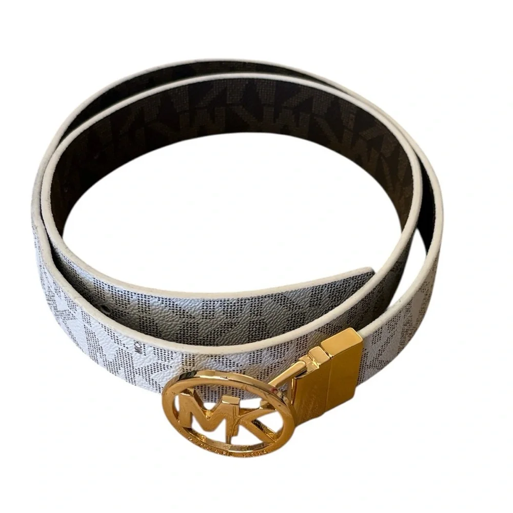 MICHAEL KORS Twist Reversible Belt White Monogram/Brown Monogram 38” M/L, Unisex